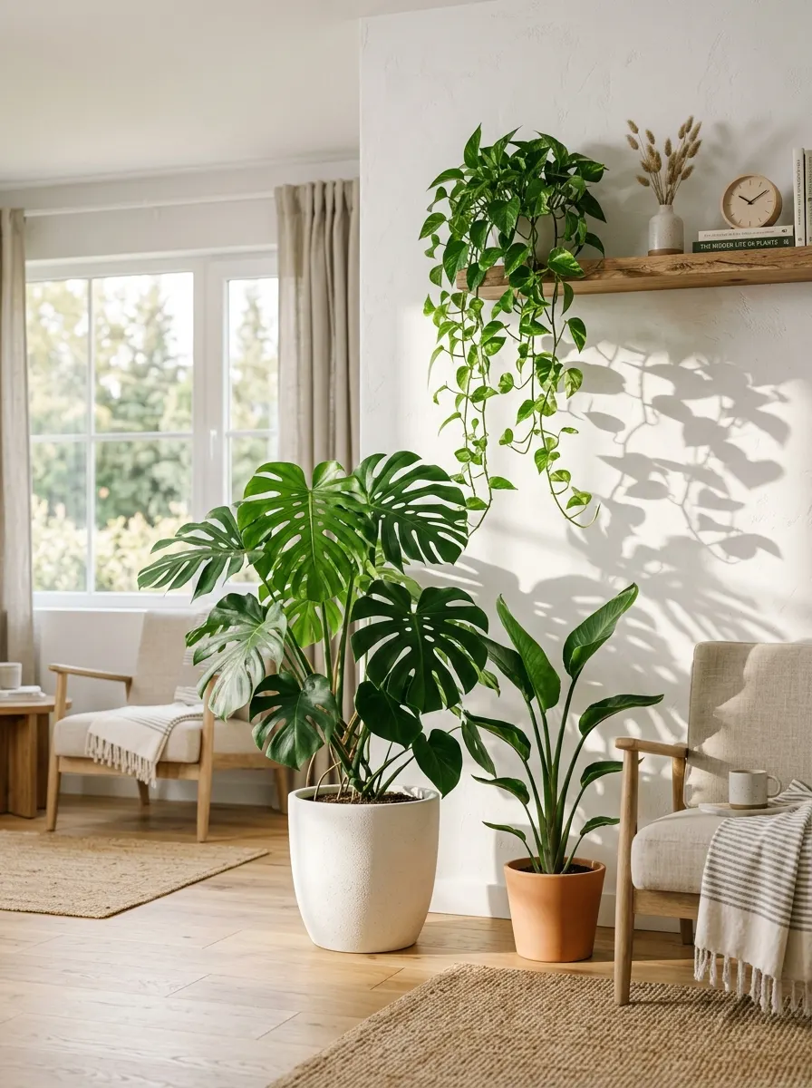 Bright living room corner featuring monstera and trailing plants, wood shelving, woven rug, and neutral furnishings.
