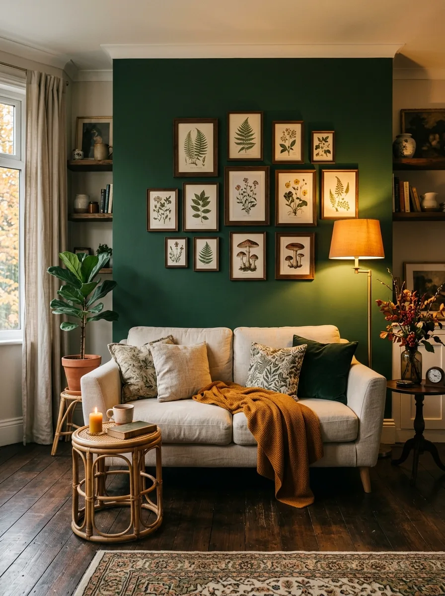 Cozy seating area with green feature wall, botanical artwork gallery, neutral sofa, floor lamp, and indoor plant.