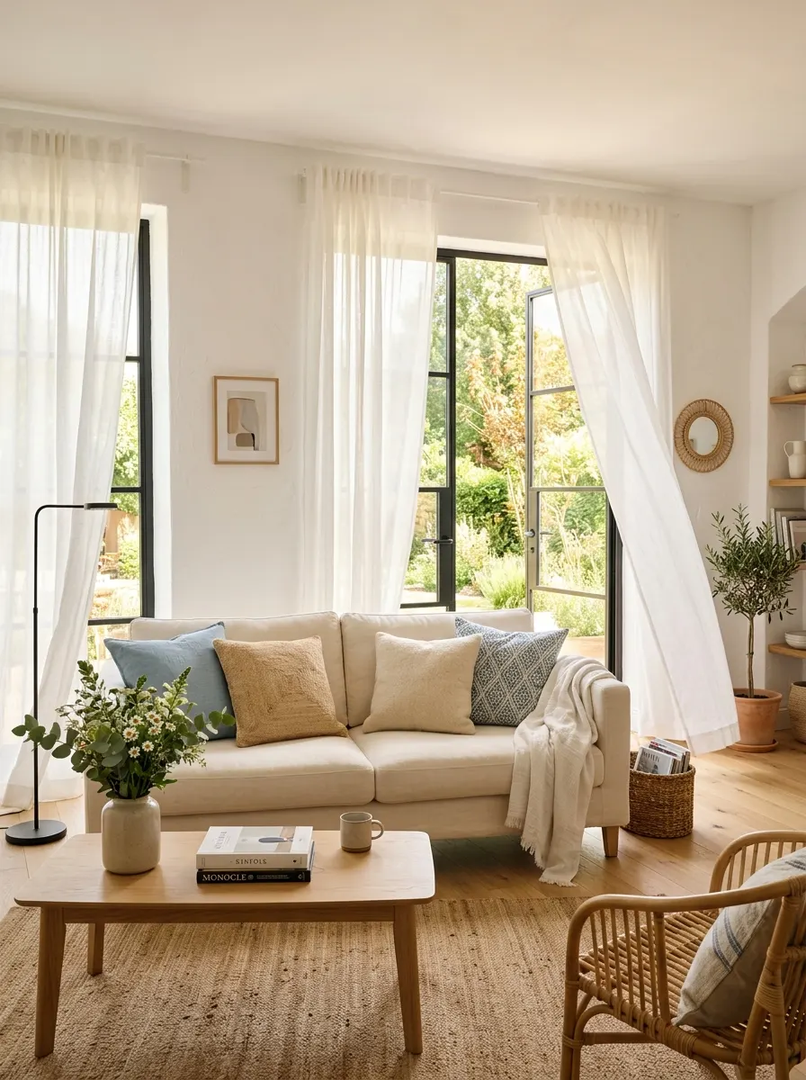 Neutral living room with sheer curtains, cream sofa, light wood coffee table, woven rug, and soft natural lighting.