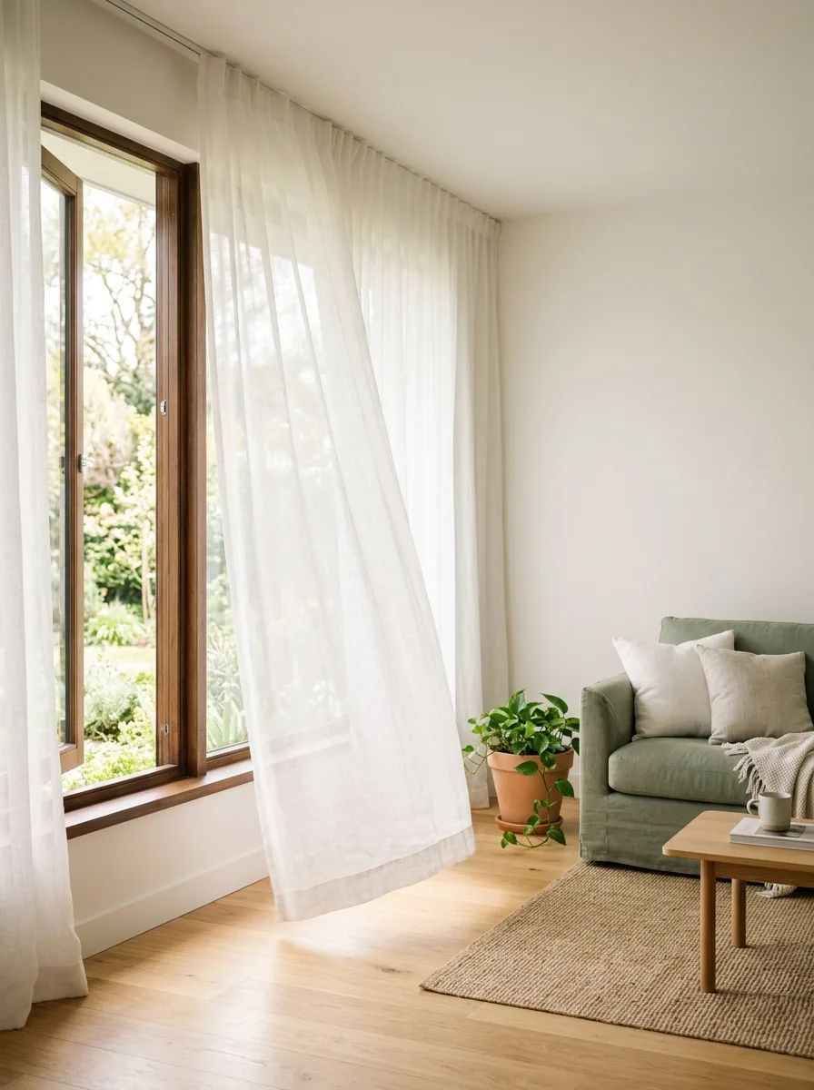 Large window dressed with sheer linen curtains beside a sage green sofa, wood flooring, and woven rug.