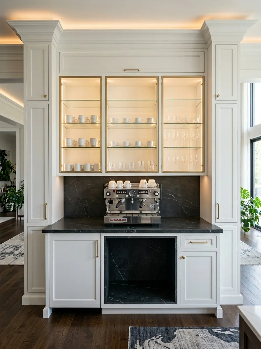 Luxury built-in coffee bar with white cabinetry, dark stone counter, espresso machine, and brushed gold hardware.