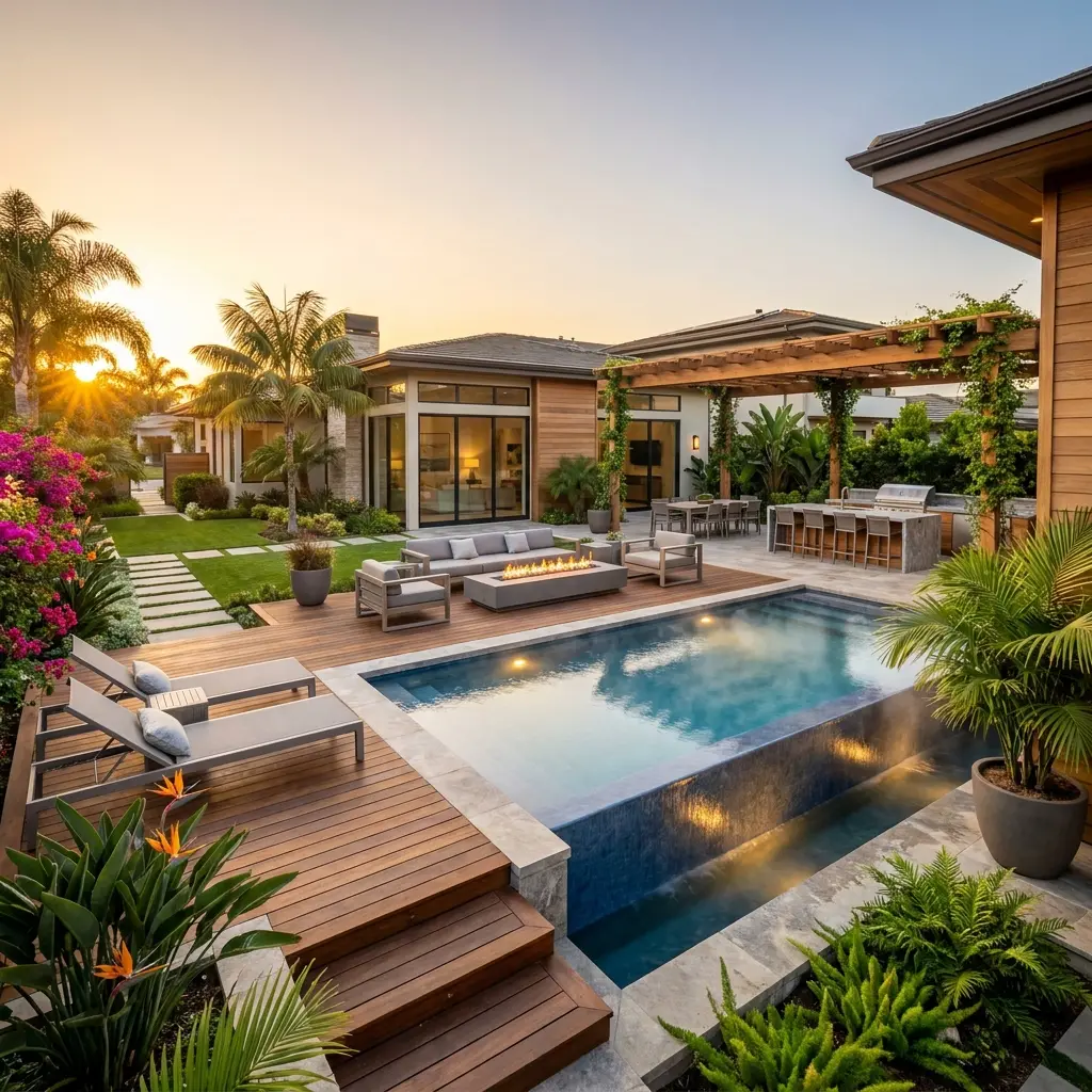 Luxury Resort-Style Backyard with Pool and Outdoor Kitchen