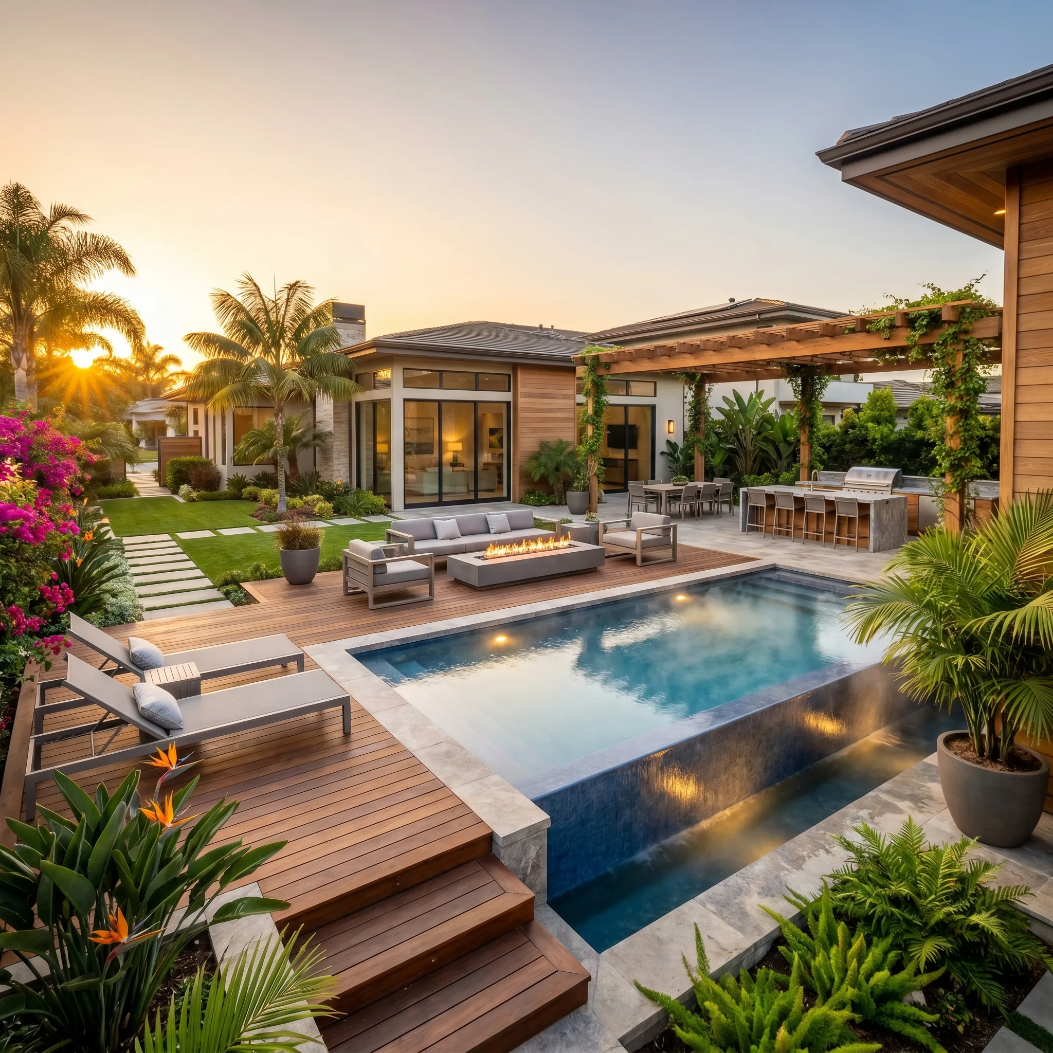 Luxury Resort-Style Backyard with Pool and Outdoor Kitchen