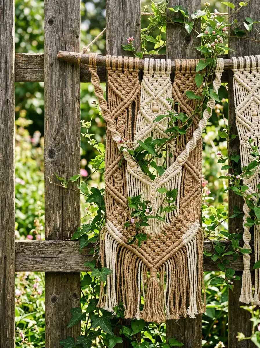 Hand-knotted macrame panels draped over a rustic garden fence surrounded by trailing green vines in boho garden