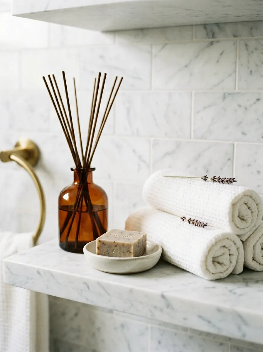 White marble bathroom shelf styled with rolled towels, reed diffuser, soap dish, and brass hardware in a spa-inspired setting.
