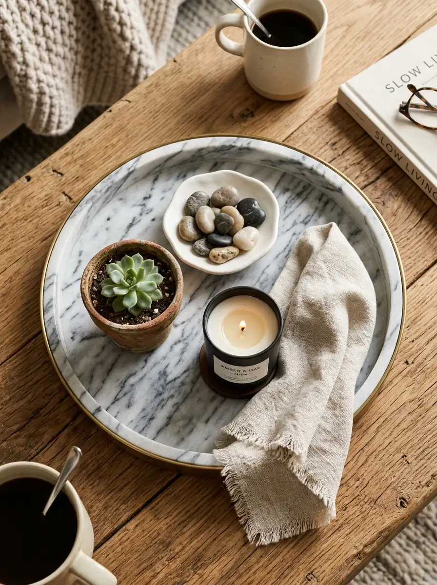 Wood coffee table styled with marble tray, candle, succulent, linen napkin, ceramic mugs, and decorative stones.
