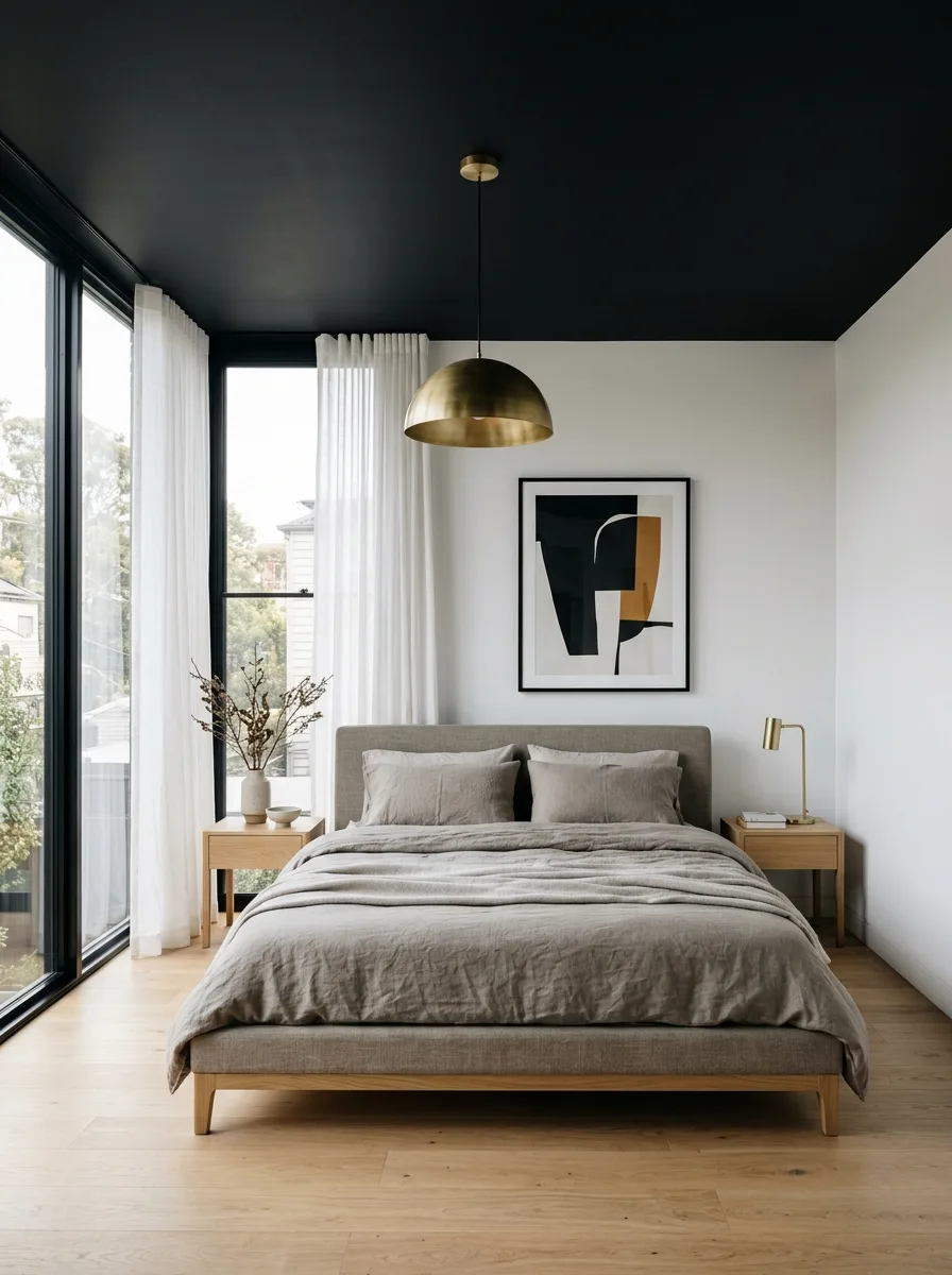 A contemporary bedroom with a matte black ceiling and white walls showing a bold ceiling design idea with real visual impact