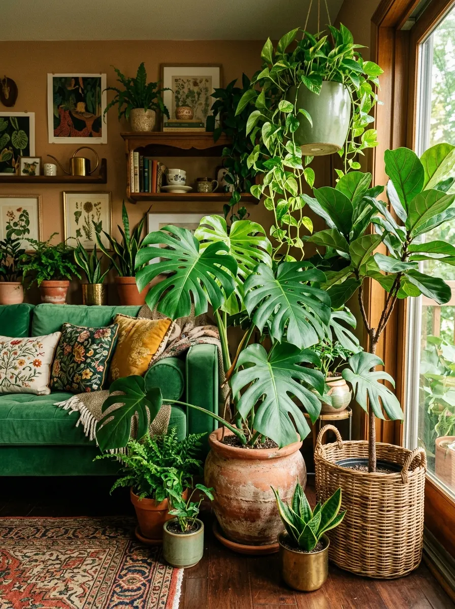 Maximalist living room corner with tropical plants in terracotta pots beside a jewel green velvet sofa