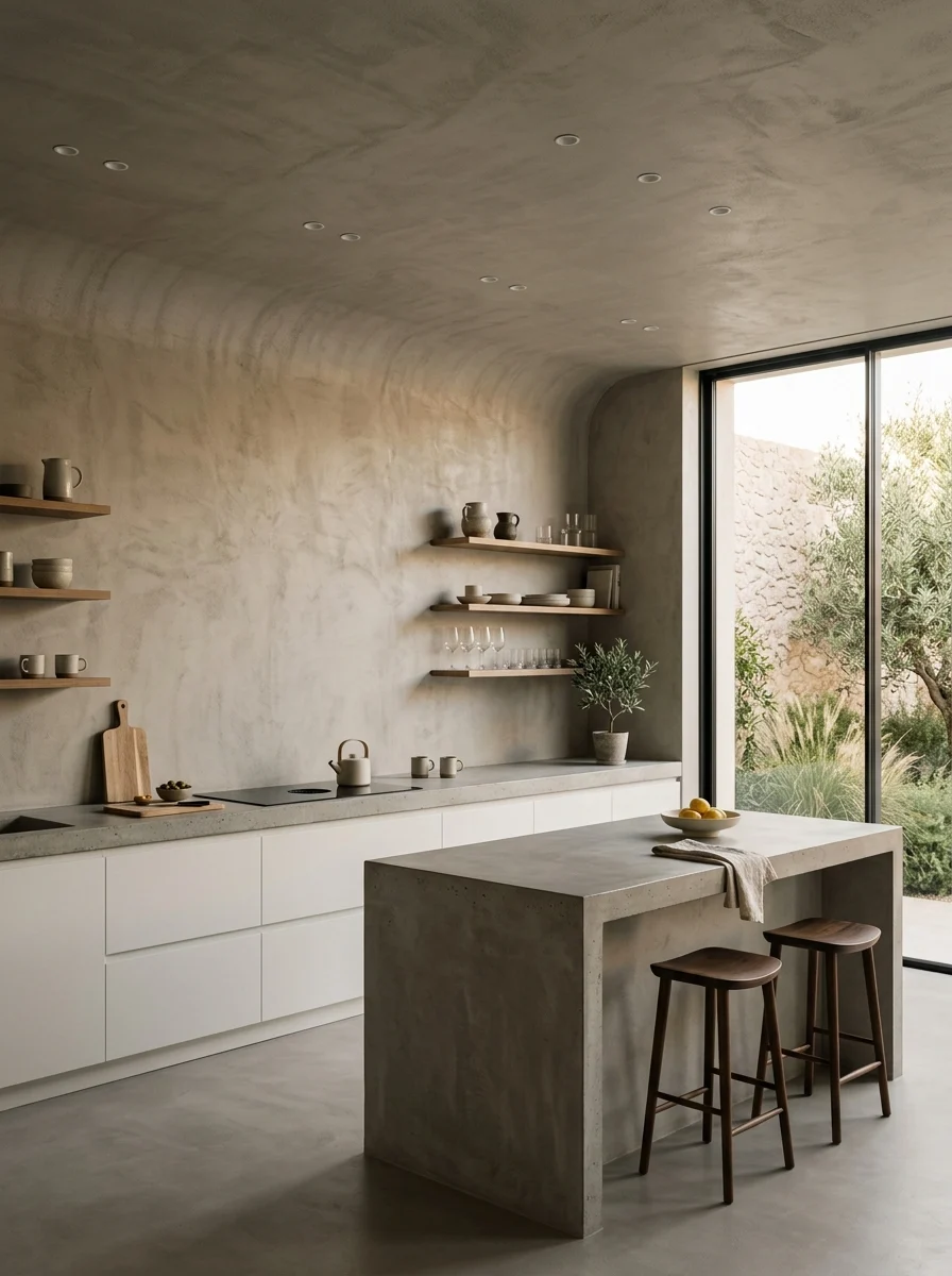 A minimalist kitchen with a seamless micro cement ceiling and walls in warm grey as a striking architectural ceiling design idea