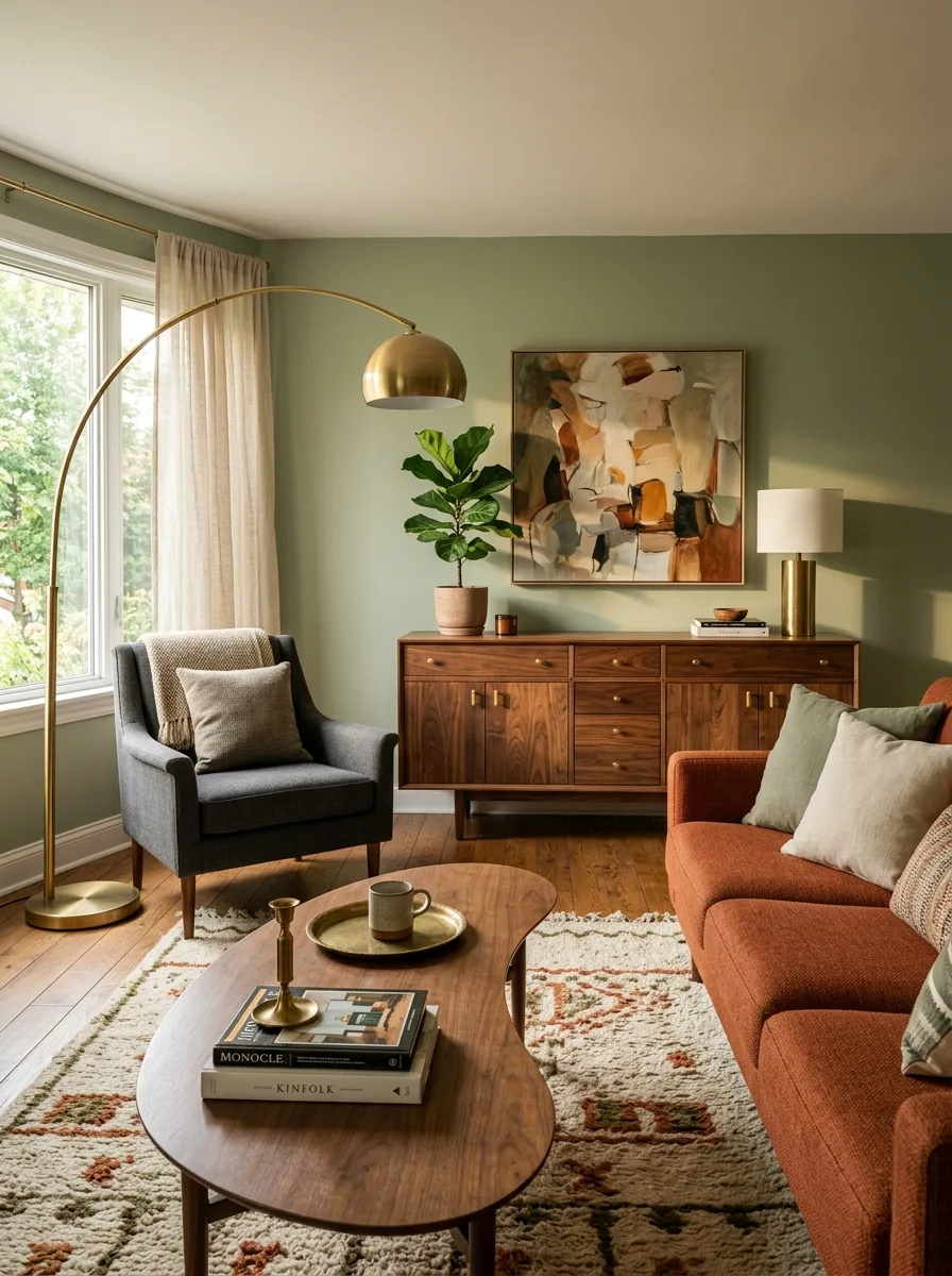 Living room featuring walnut credenza, brass arc lamp, abstract artwork, rust sofa, and patterned area rug.