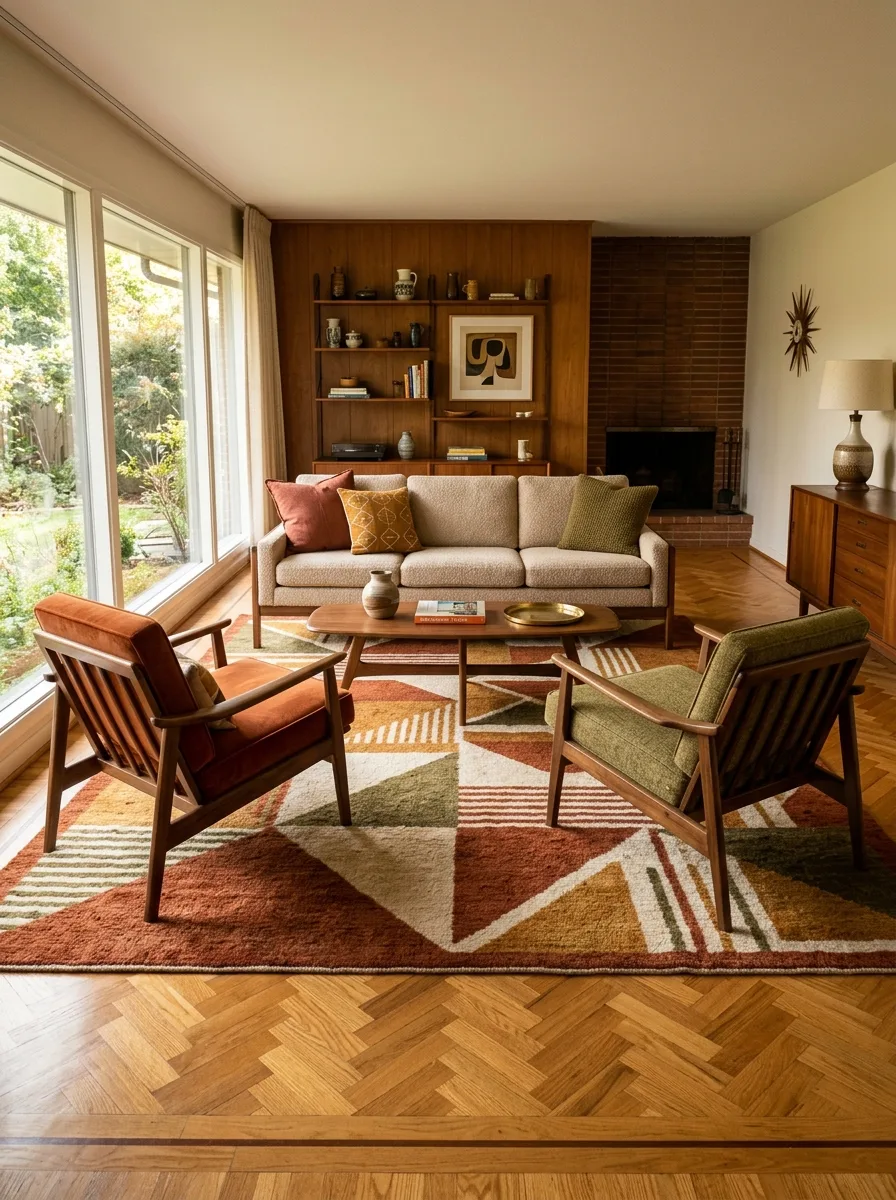 Living room with geometric rug, walnut furniture, wood-paneled wall, fireplace, and large picture windows.