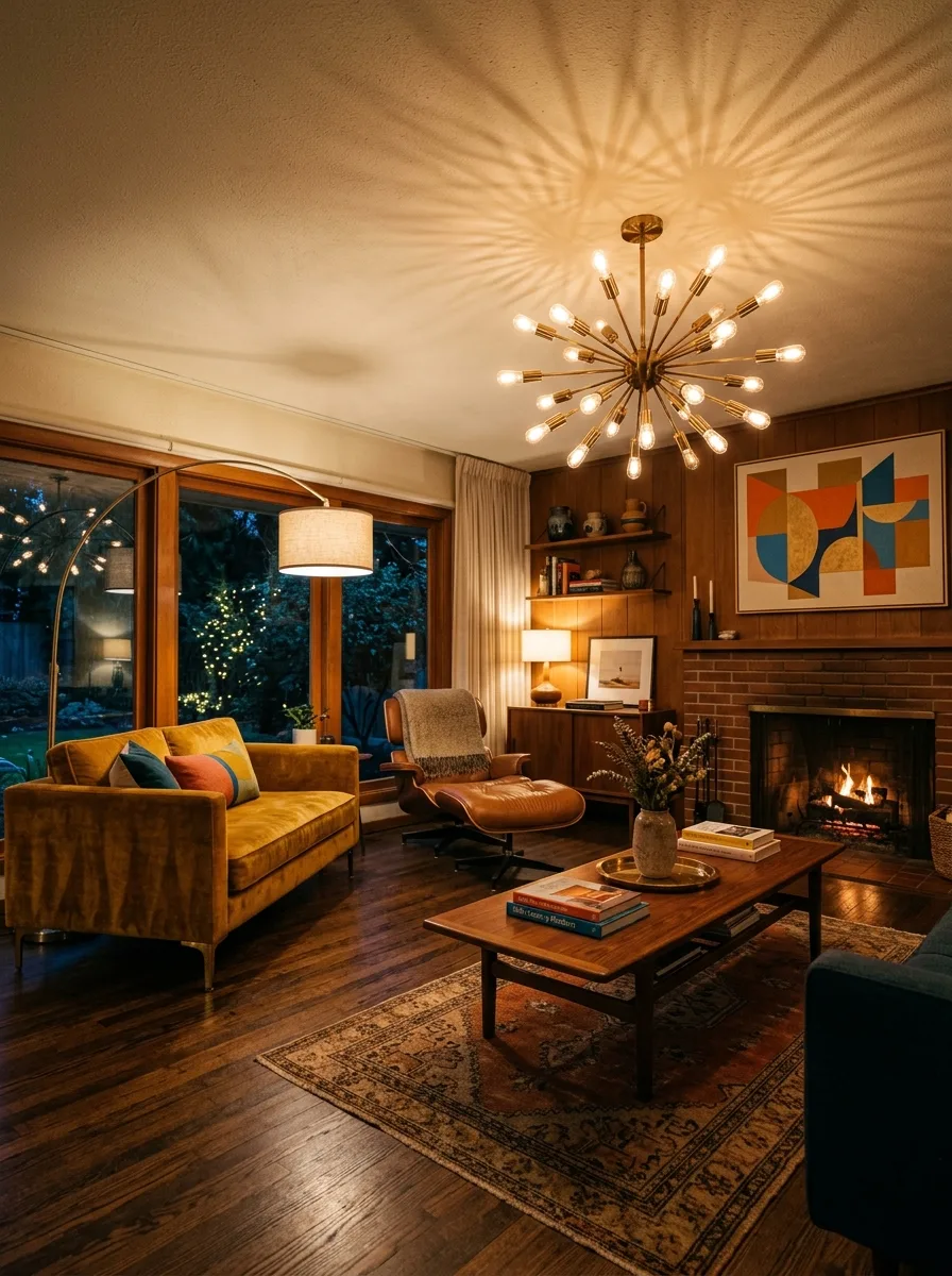 Cozy living room with fireplace, walnut furniture, brass chandelier, velvet sofa, and warm evening lighting.
