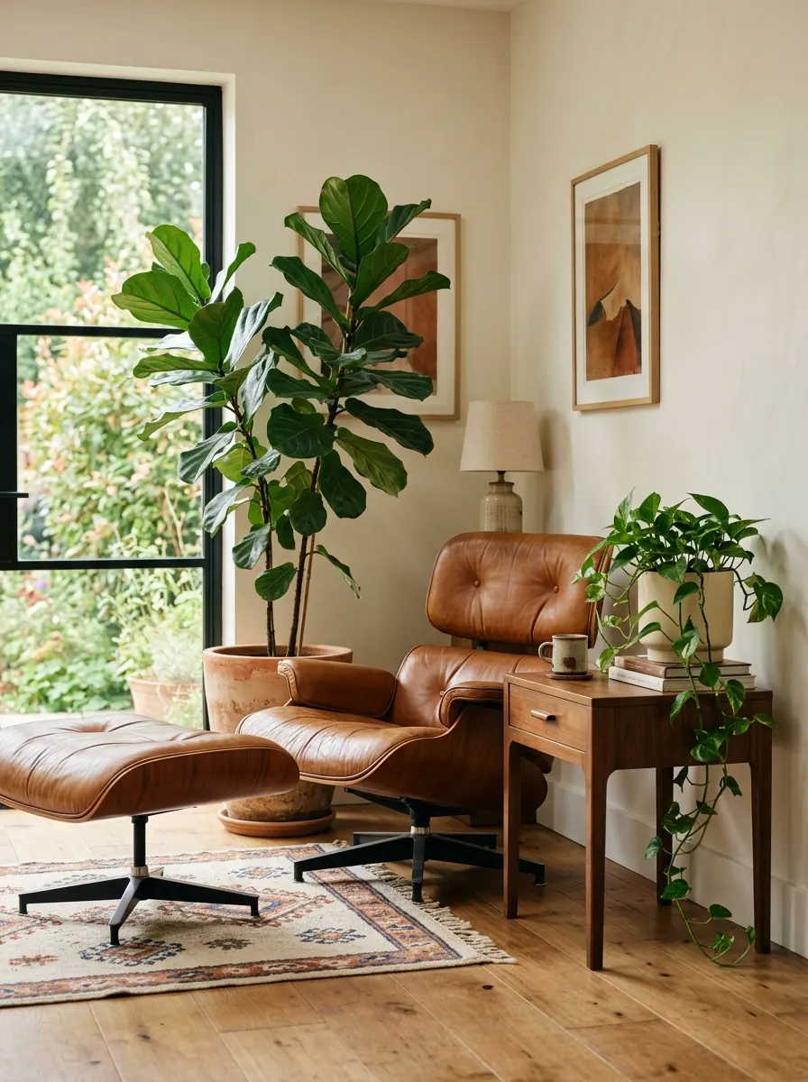 Reading corner featuring leather lounge chair, walnut side table, indoor plants, and large black-framed window.