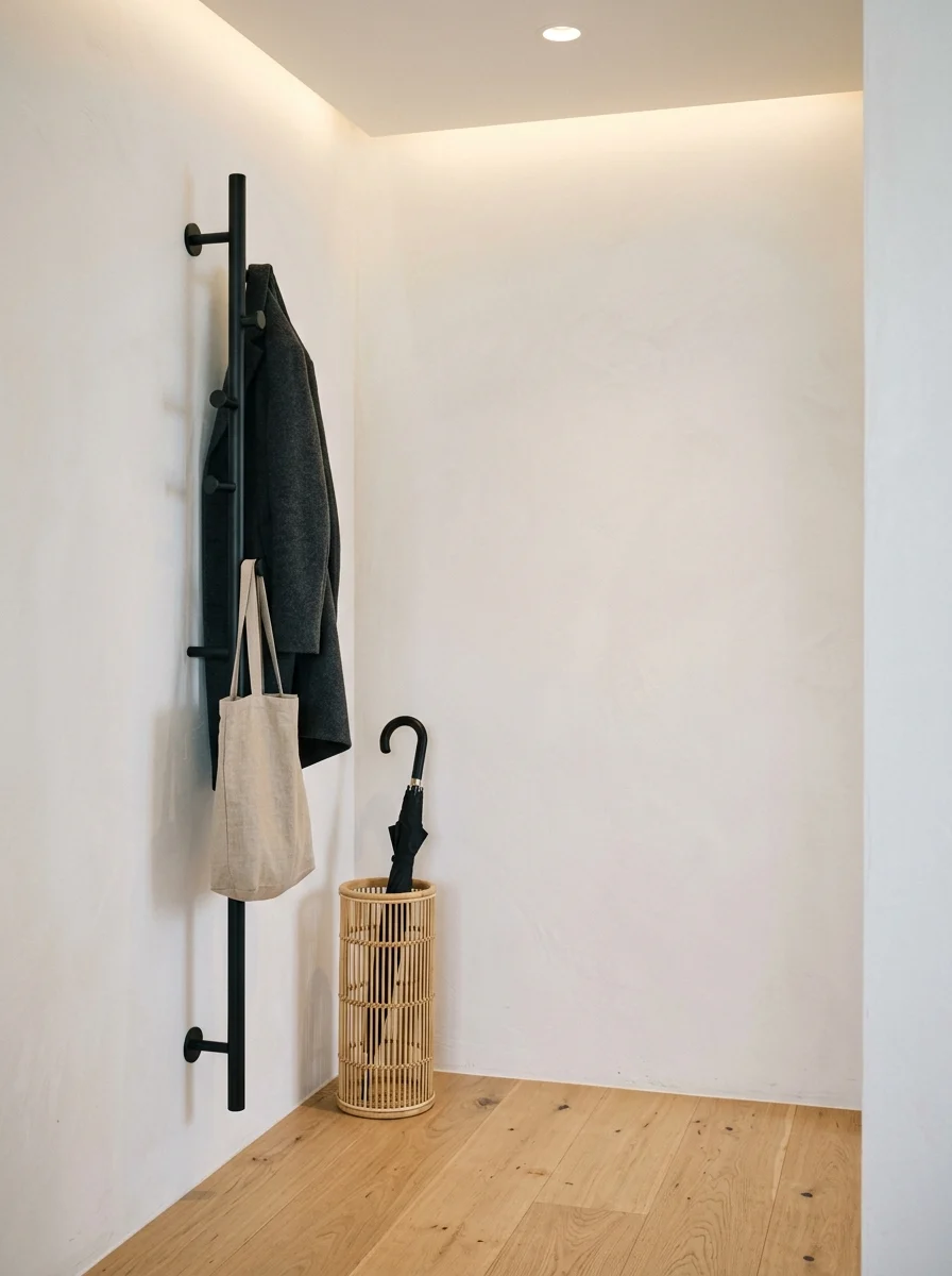 Japandi entryway design with matte black minimal coat rack, bamboo umbrella stand and pale oak flooring