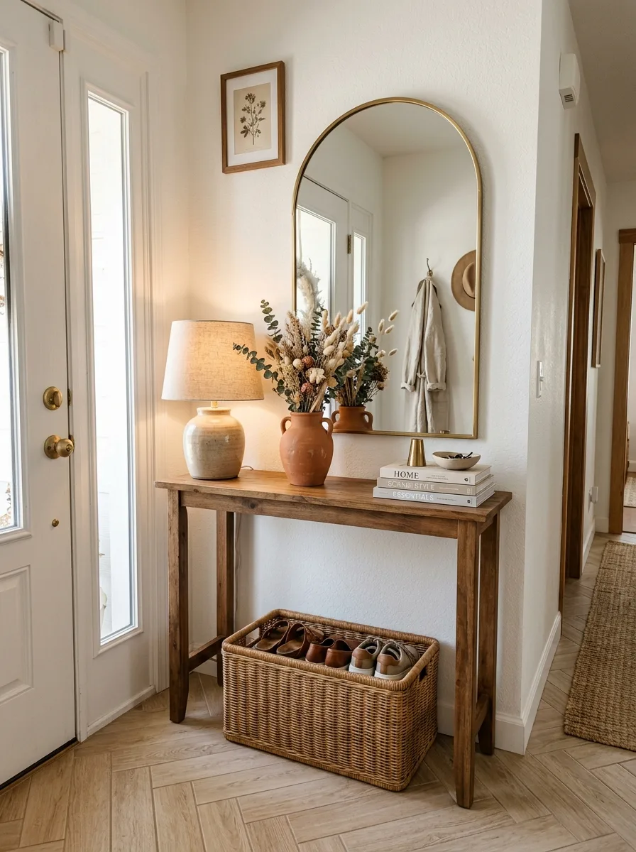 Neutral entryway with wooden console table, arched mirror, ceramic vases, woven basket, and soft lighting.