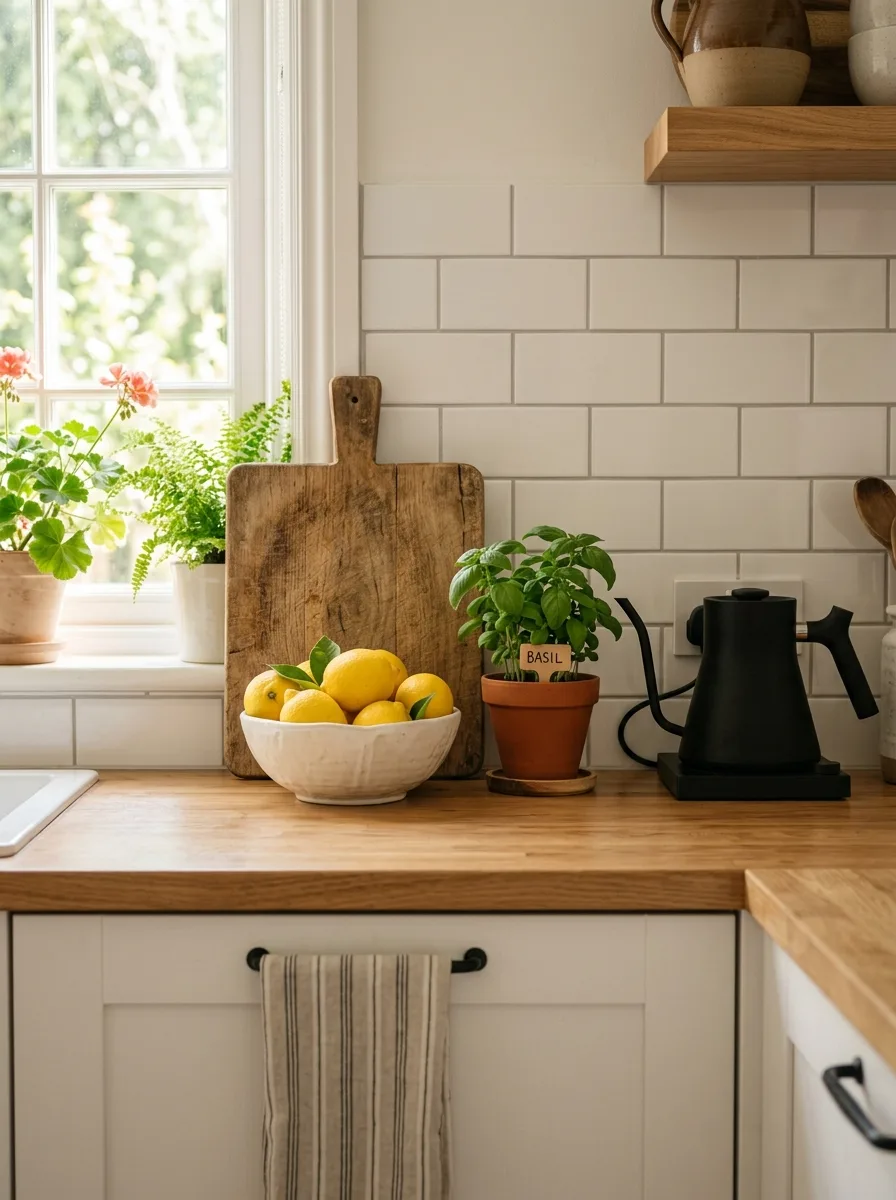 Bright kitchen countertop with white subway tile, basil plant, lemons, wood cutting board, and black kettle.