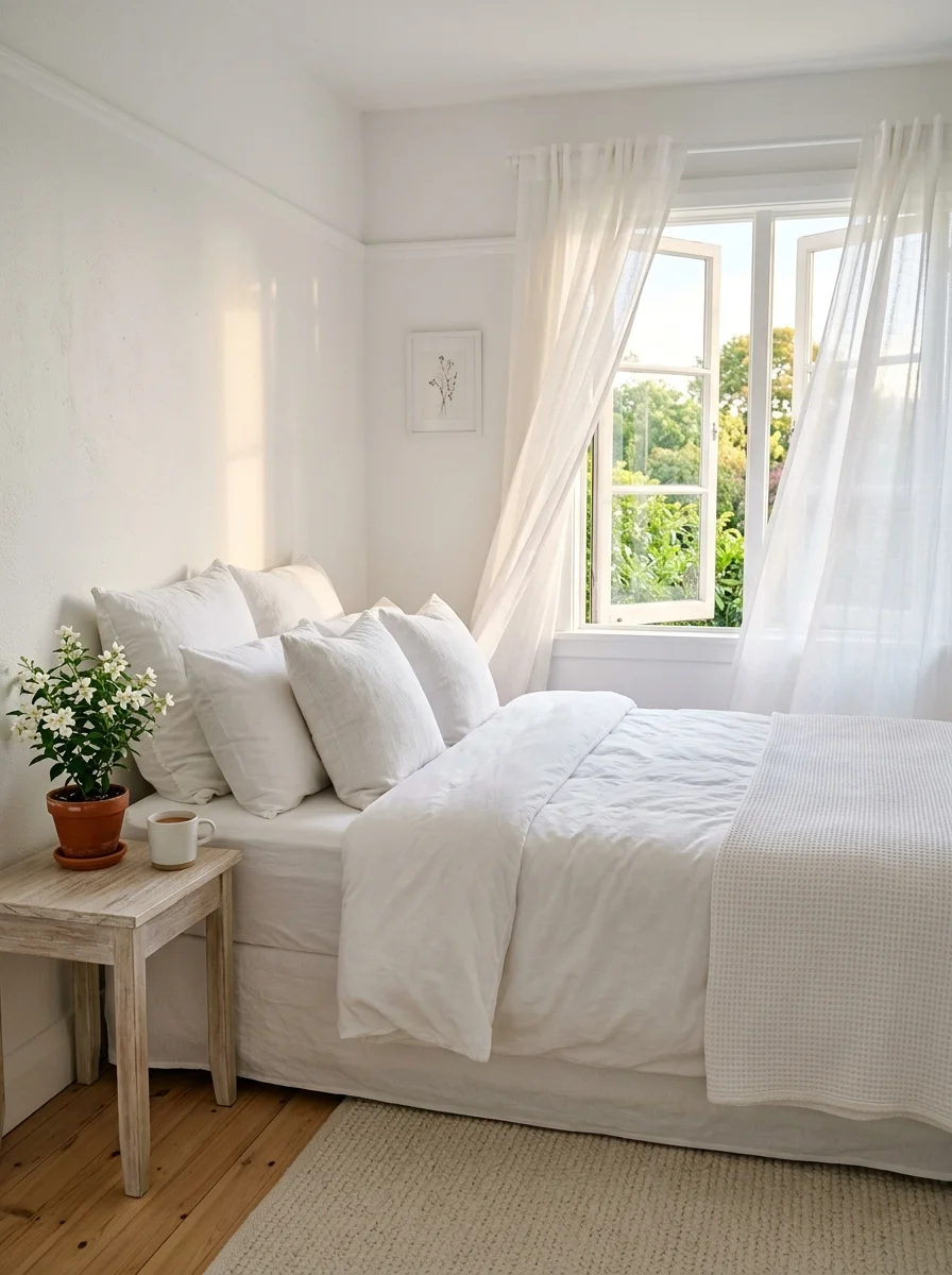 White bedroom with layered bedding, sheer curtains, light wood nightstand, and sunlight streaming through open windows.