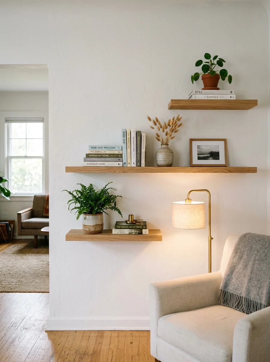 Floating wood shelves with books, framed art, plants, ceramic vase, and brass floor lamp in neutral living room.