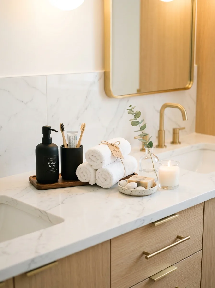 Light wood bathroom vanity with marble countertop, brass fixtures, rolled towels, soap dispenser, candle, and mirror.