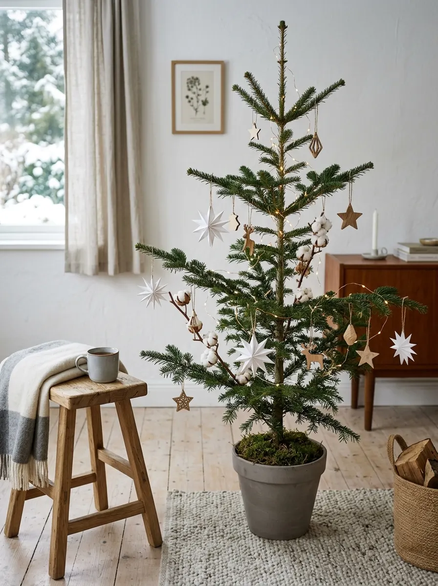Sparse Christmas tree decorated with paper stars, wooden ornaments, and subtle lights in a Scandinavian-style room.