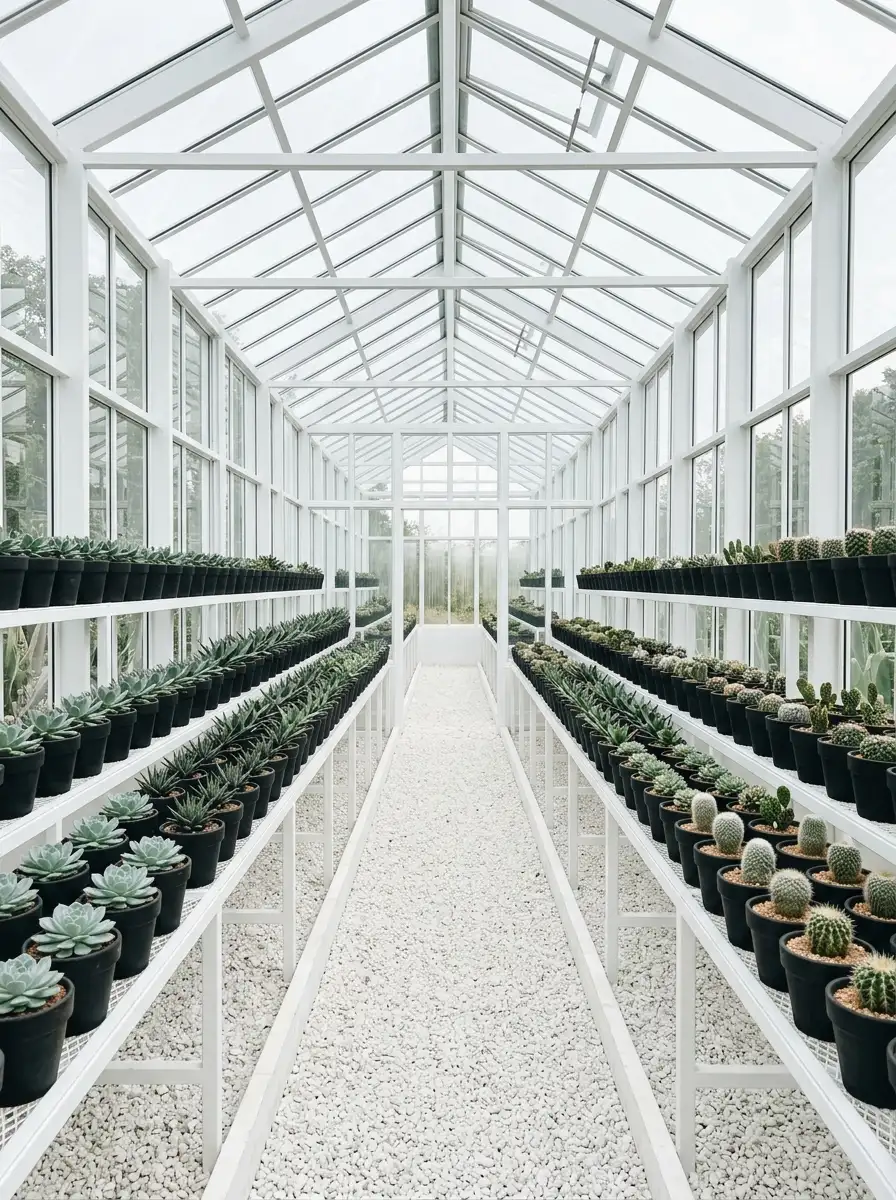 Minimalist greenhouse design ideas with white metal frames, black terracotta pots, succulents and white gravel in a clean modern layout