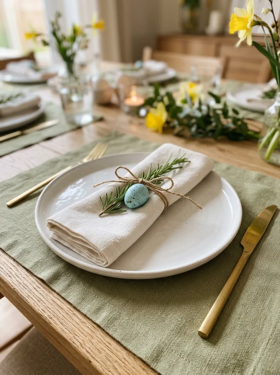 White dinner plate with folded linen napkin, rosemary sprig and blue decorative egg on a green placemat.