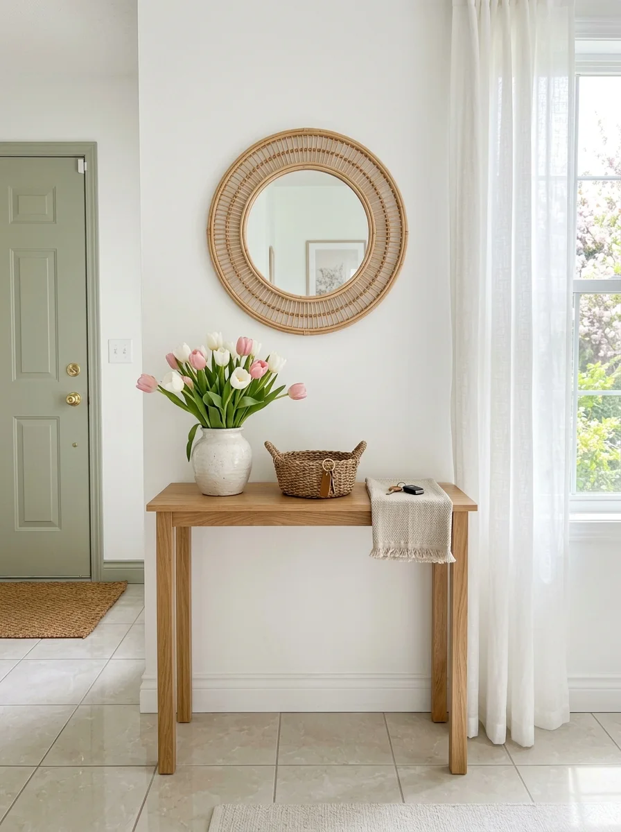 Entryway featuring a wood console table, woven basket, tulip arrangement, round rattan mirror, and sheer curtains.