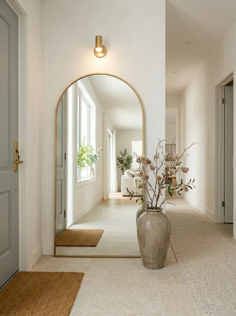 Bright minimalist hallway with tall arched mirror, ceramic floor vase, neutral rug, and brass wall sconce lighting.