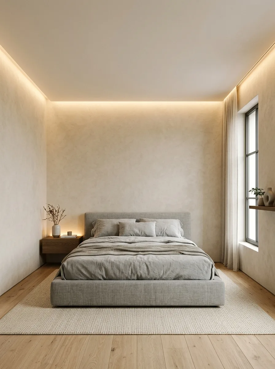 A minimalist bedroom with a flat flush white ceiling and hidden cove lighting as a clean ceiling design idea