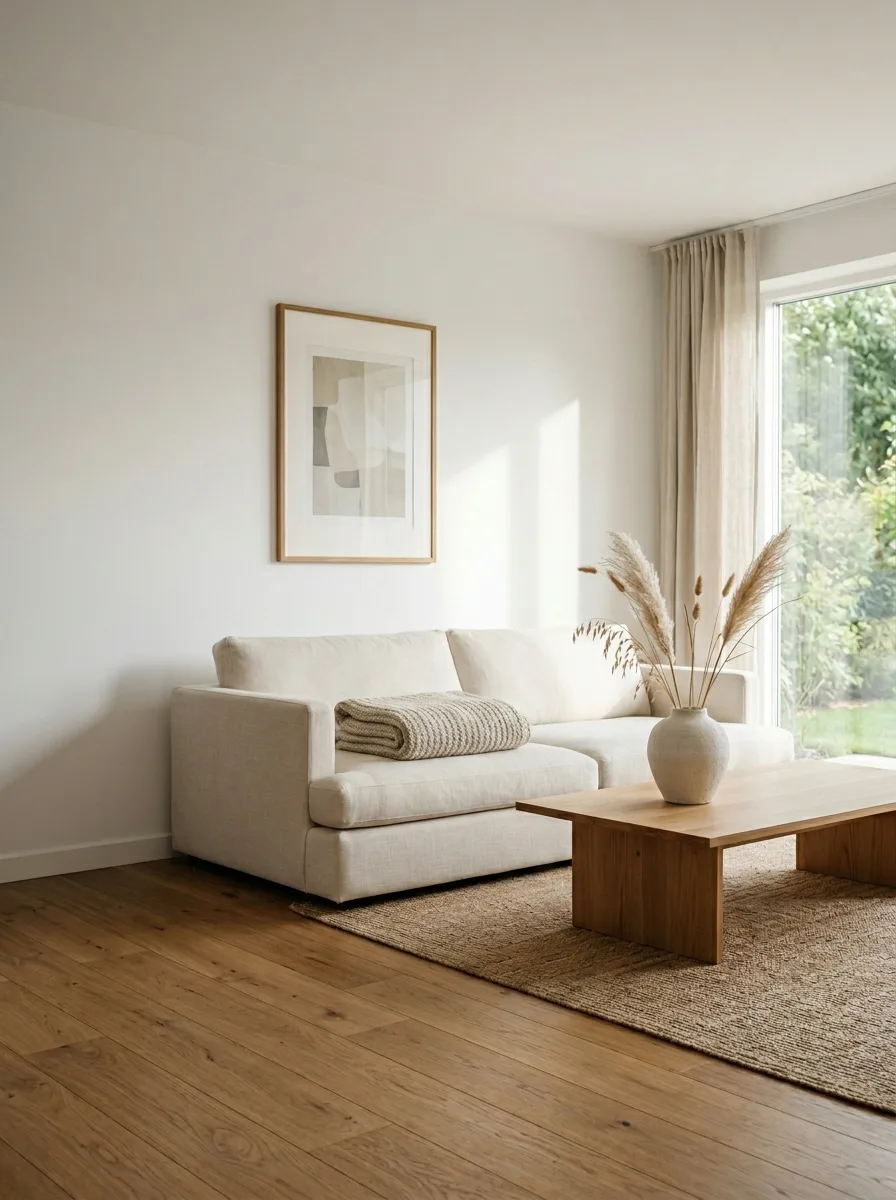 Bright minimalist living room featuring a white sofa, oak coffee table, neutral rug, framed wall art, and soft natural light.