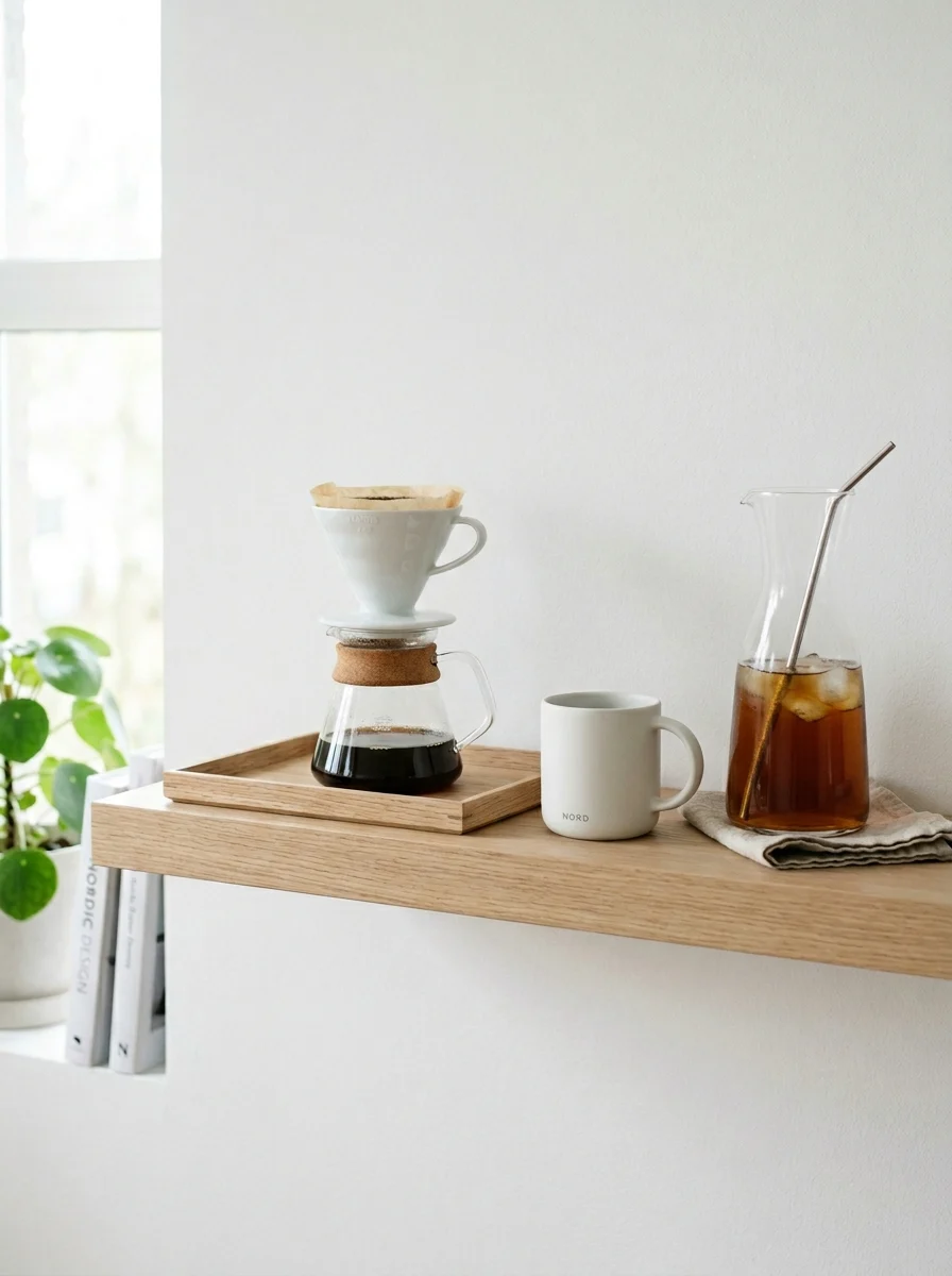Minimalist white and wood home coffee bar ideas featuring a ceramic pour-over dripper, oak shelf, and linen napkin in natural soft light.