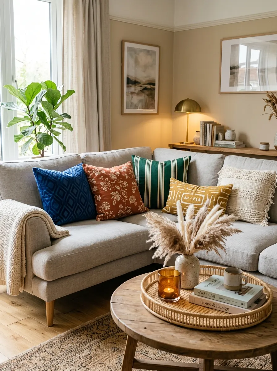 Mixed jewel-tone patterned cushions on a grey linen sofa in a bright styled living room