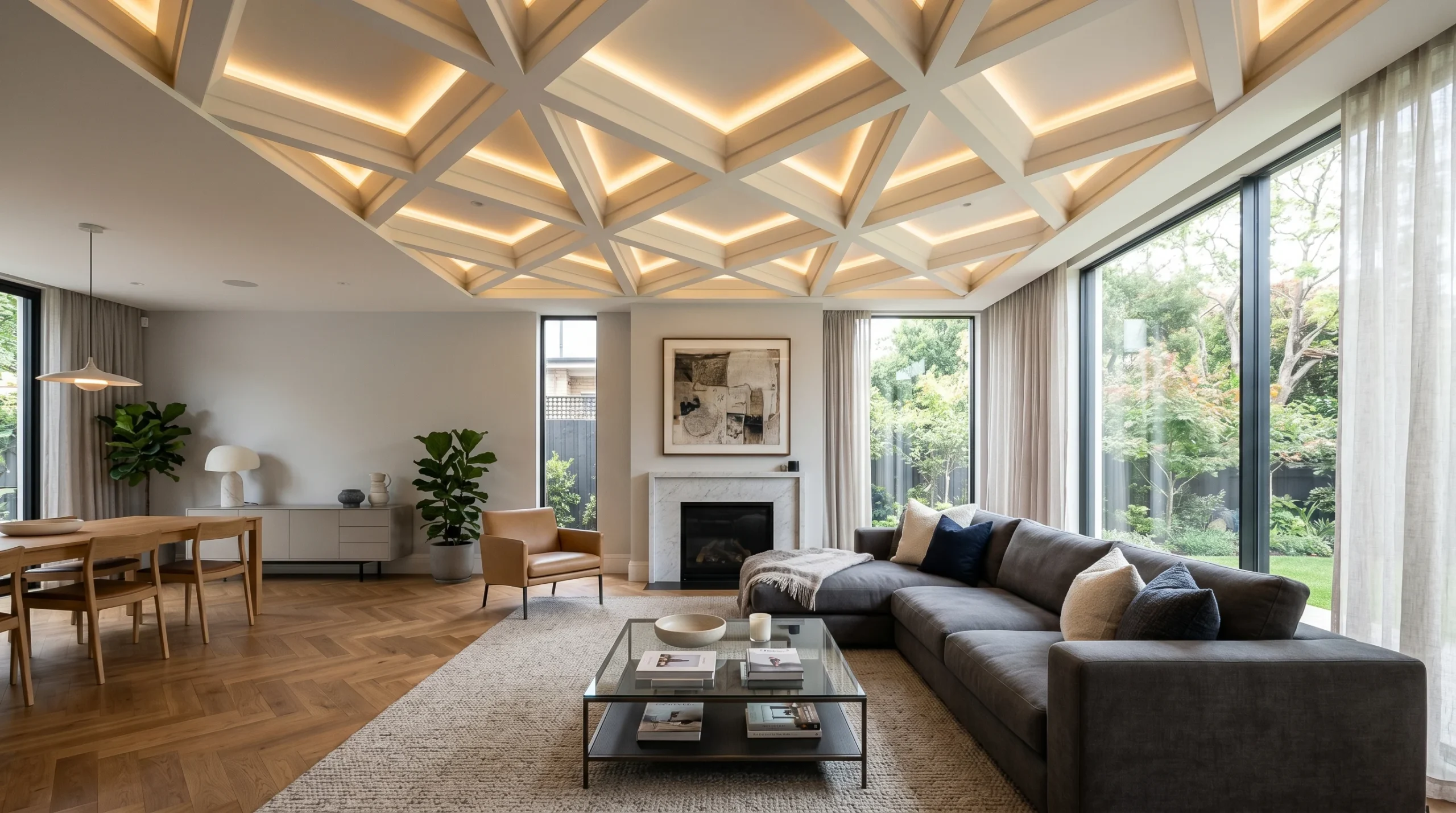 15 Modern Ceiling Design Ideas Doing More Than You'd Ever Expect 21 A modern living room featuring a coffered ceiling with warm LED lighting and elegant modern ceiling design ideas in action
