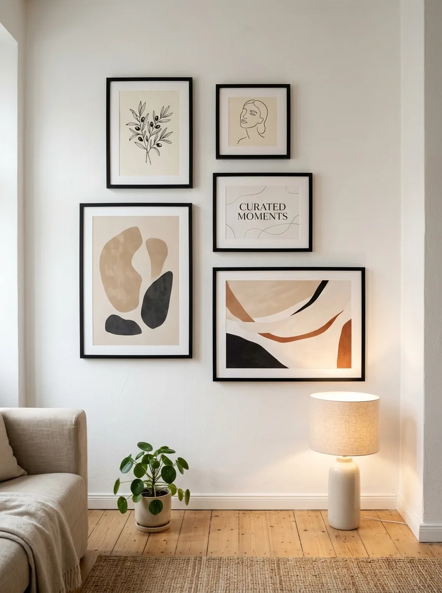White wall gallery arrangement featuring abstract prints in black frames, paired with a floor lamp and indoor plant.