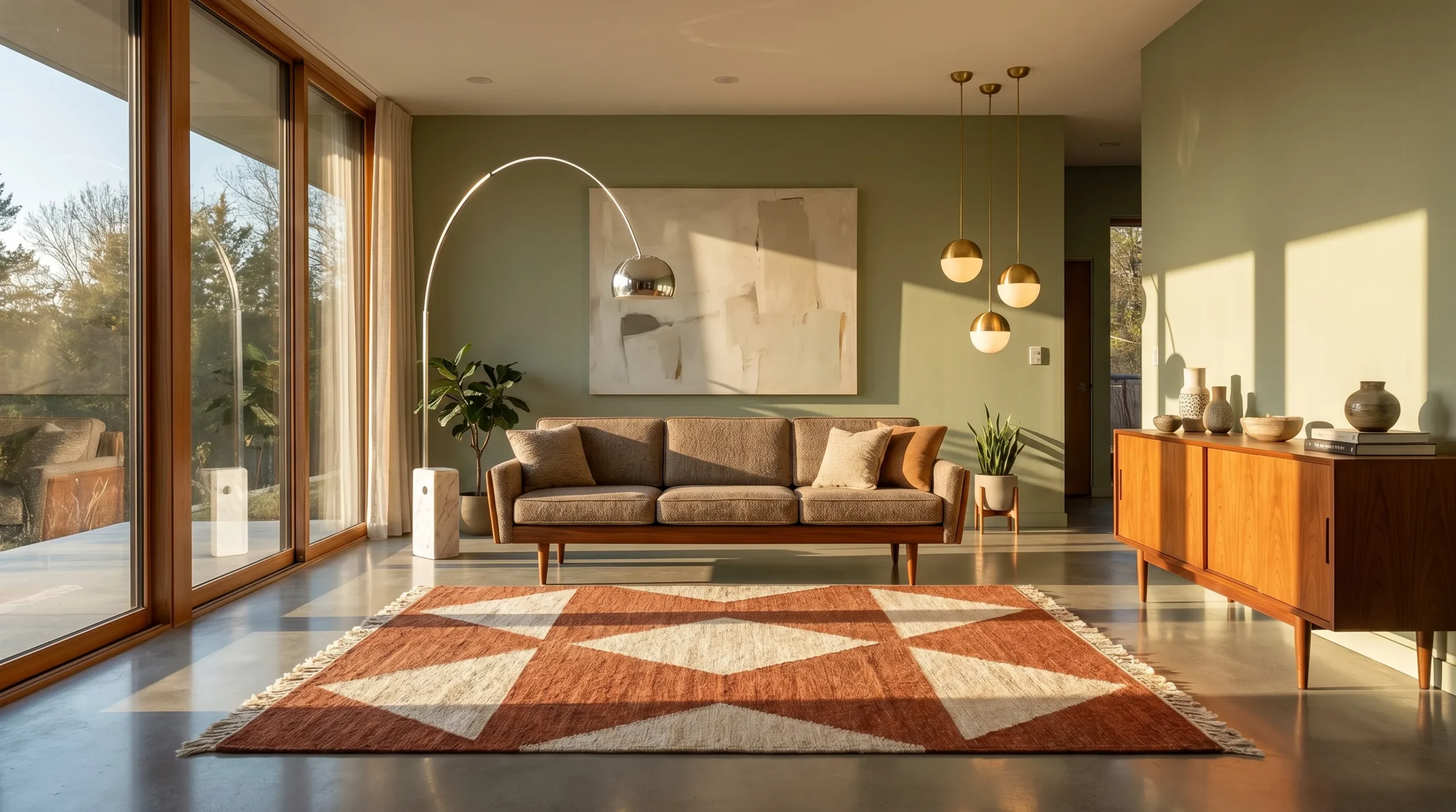 Sunlit living room with sage green walls, walnut furniture, geometric rug, pendant lights, and large glass doors.