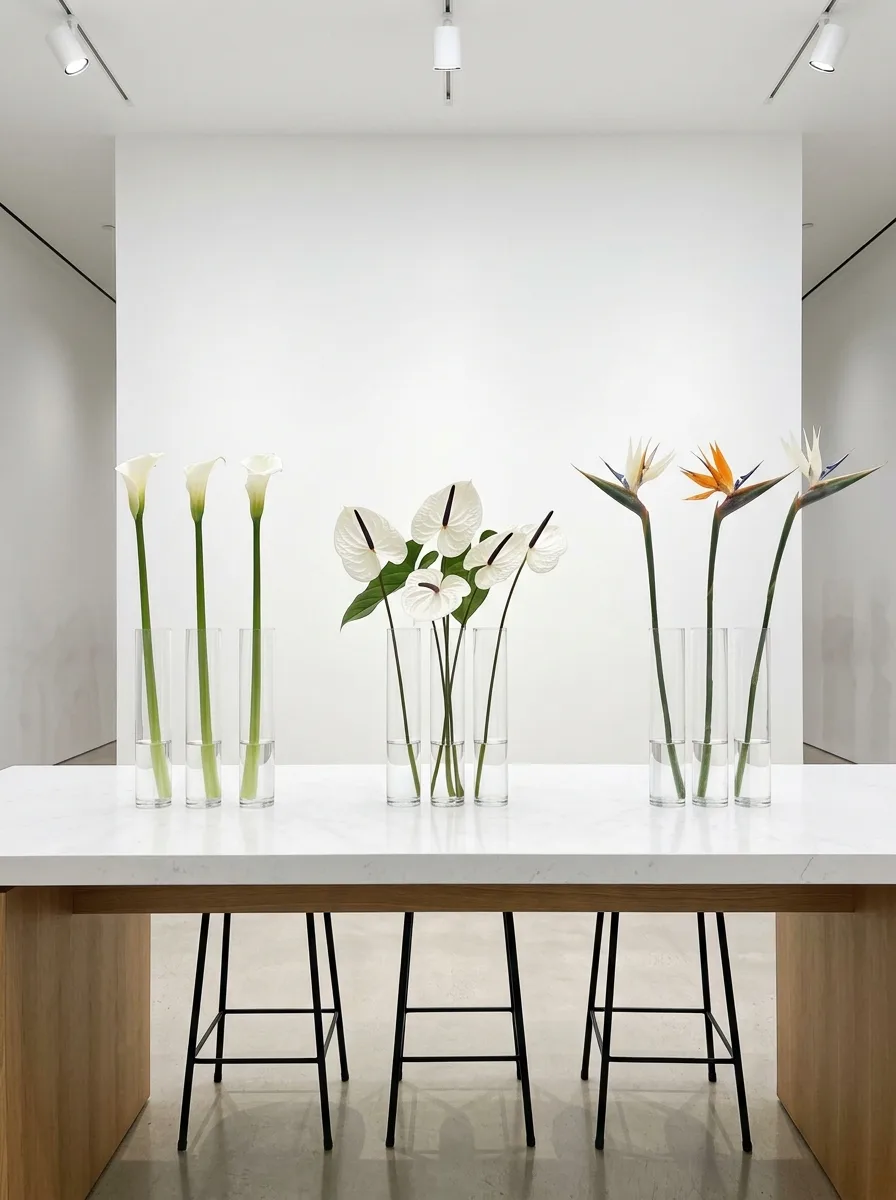 Minimalist flower bar ideas with single calla lilies and anthuriums in tall clear glass cylinders on a white quartz surface