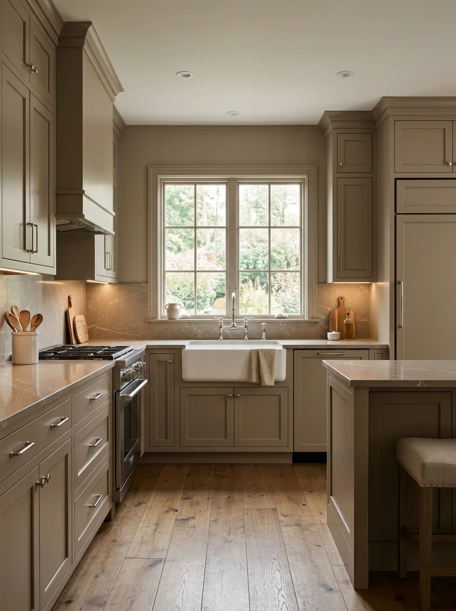 Full taupe kitchen with quartz counters and brushed nickel hardware warm neutral kitchen palette