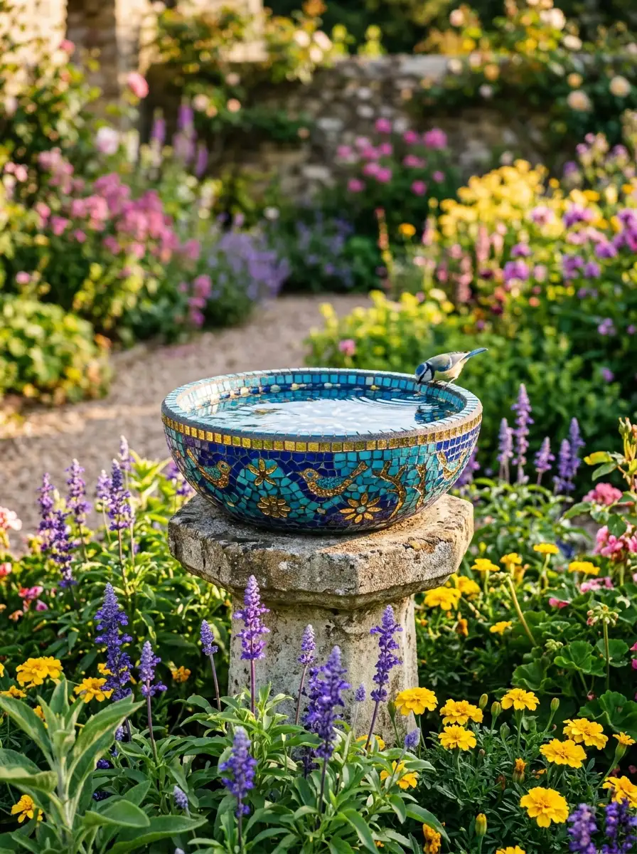 Handcrafted mosaic bird bath with blue turquoise and gold tiles surrounded by salvia and marigolds in a cottage garden