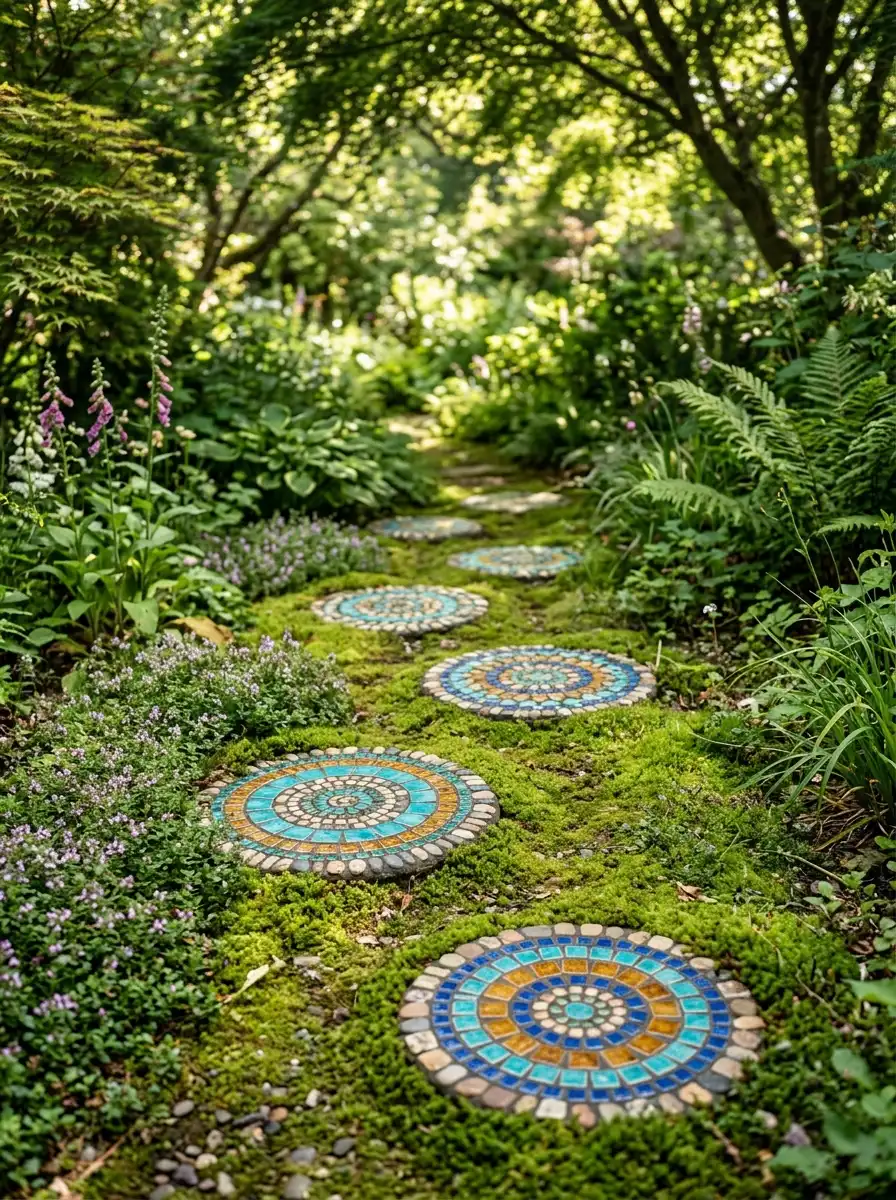 Handmade mosaic stepping stones with colorful tile mandala patterns set into a mossy garden pathway in a free-spirited garden