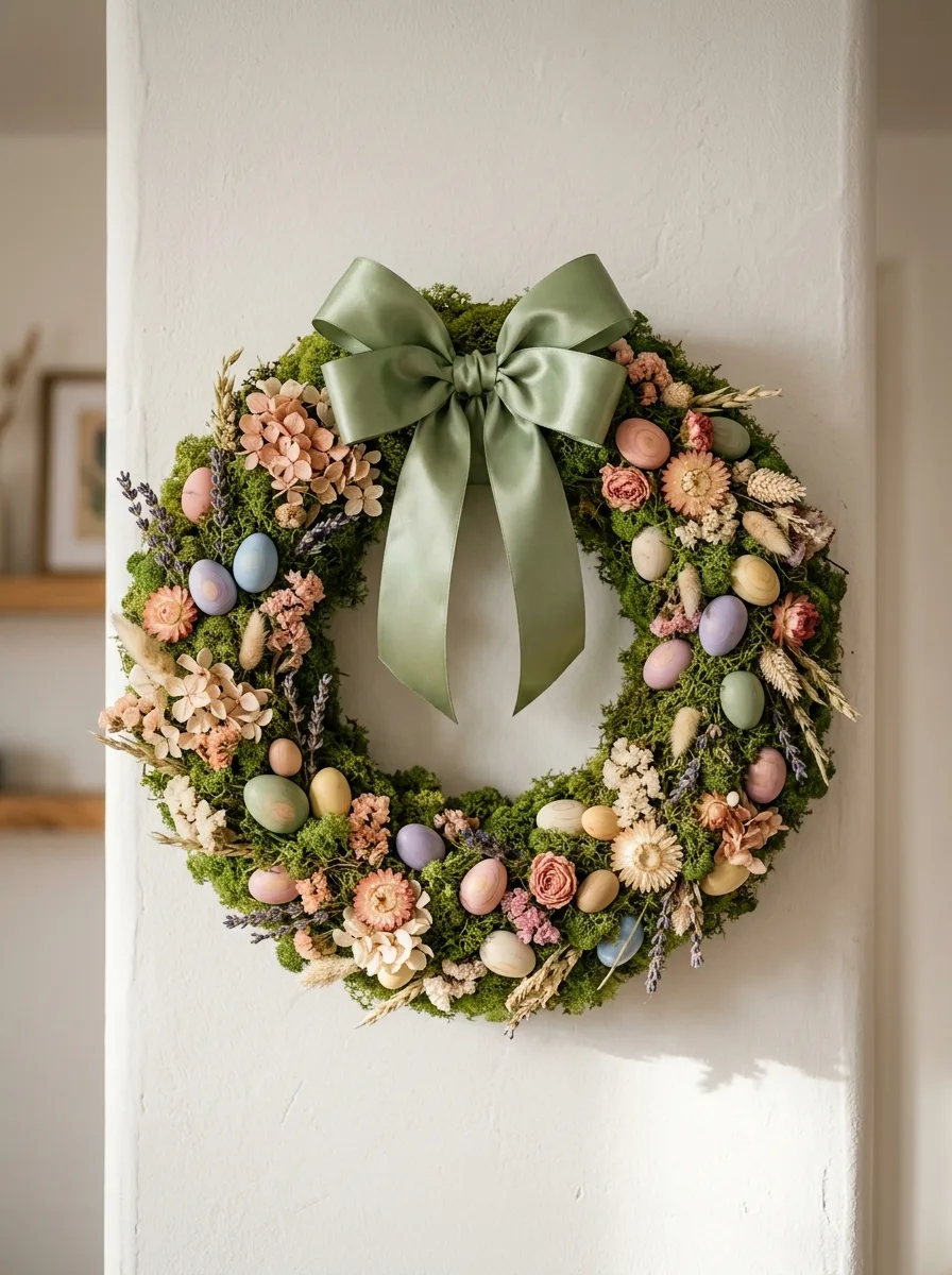 Decorative moss wreath adorned with pastel eggs, dried flowers and a soft green ribbon mounted on a wall.