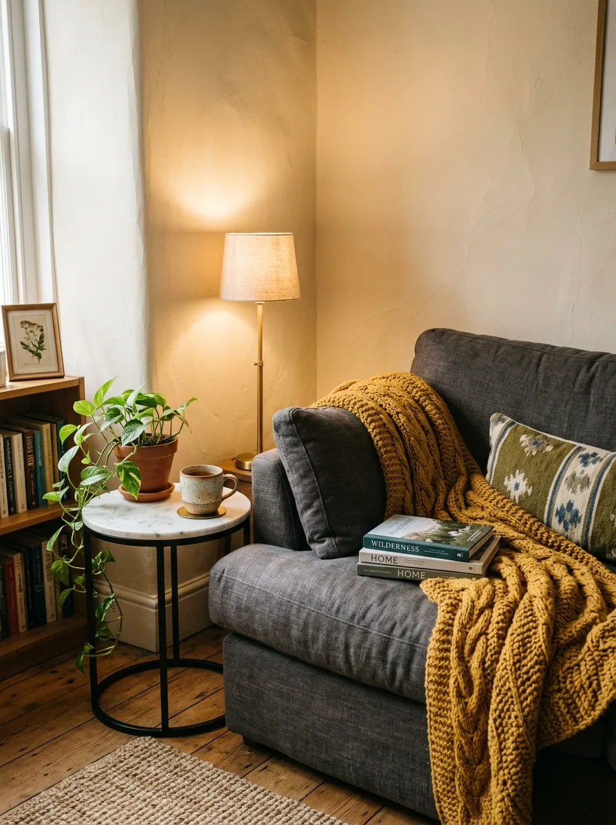 Mustard yellow chunky knit throw draped over a charcoal grey sofa in a cozy warm living room