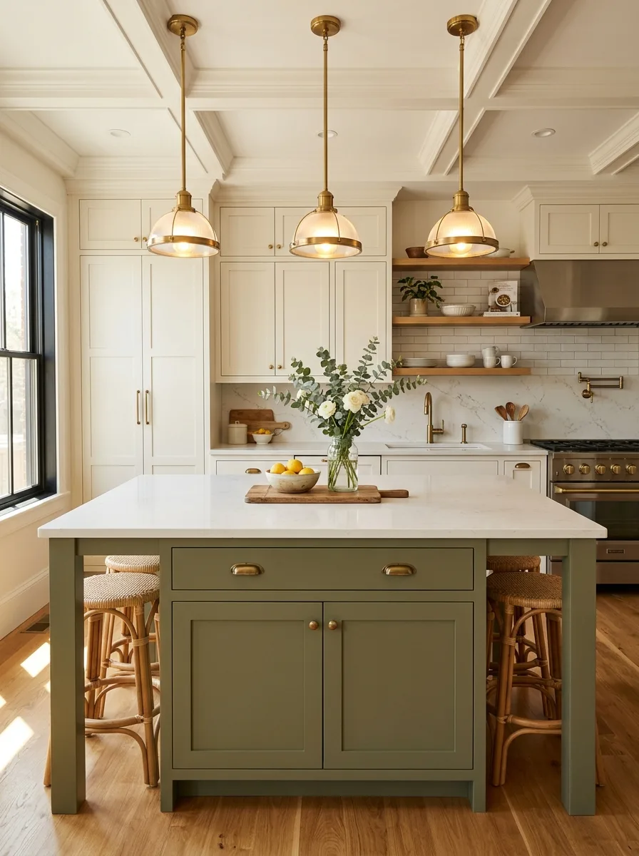 Muted olive green kitchen island against white perimeter cabinets with brass pendants