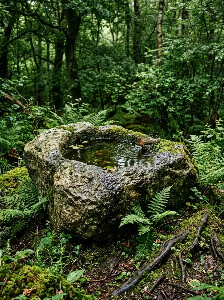 Carved granite rock bird bath set into woodland garden floor surrounded by ferns and moss in dappled forest light