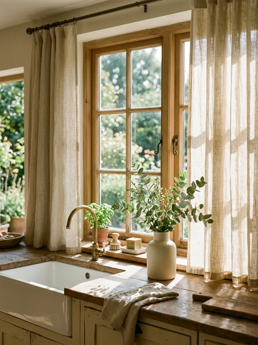 Natural Linen Kitchen Curtains at a Farmhouse Sink