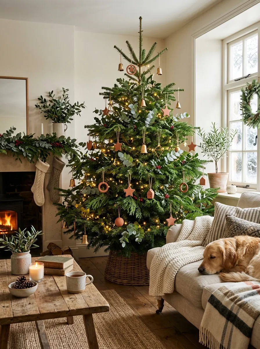Christmas tree styled with eucalyptus stems, wooden ornaments, warm lights, and natural decor in a cozy living room.