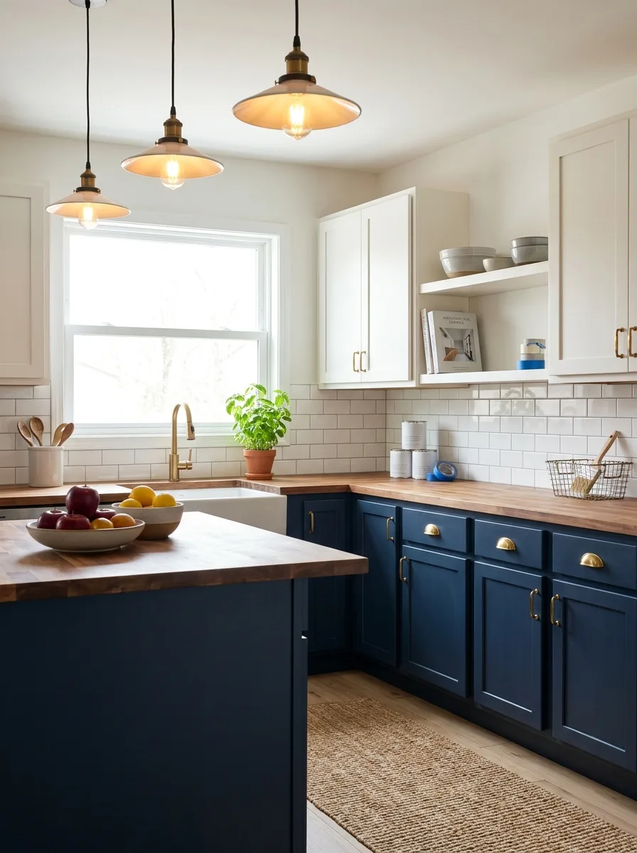 Kitchen featuring navy lower cabinets, white upper cabinetry, wood countertops, brass hardware, and pendant lighting.