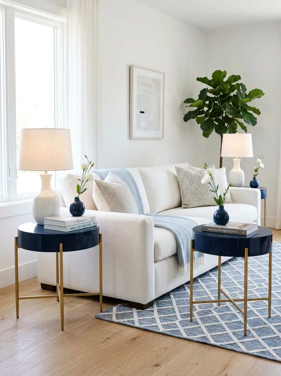 Pair of navy lacquered side tables with gold legs flanking white sofa in blue and white living room