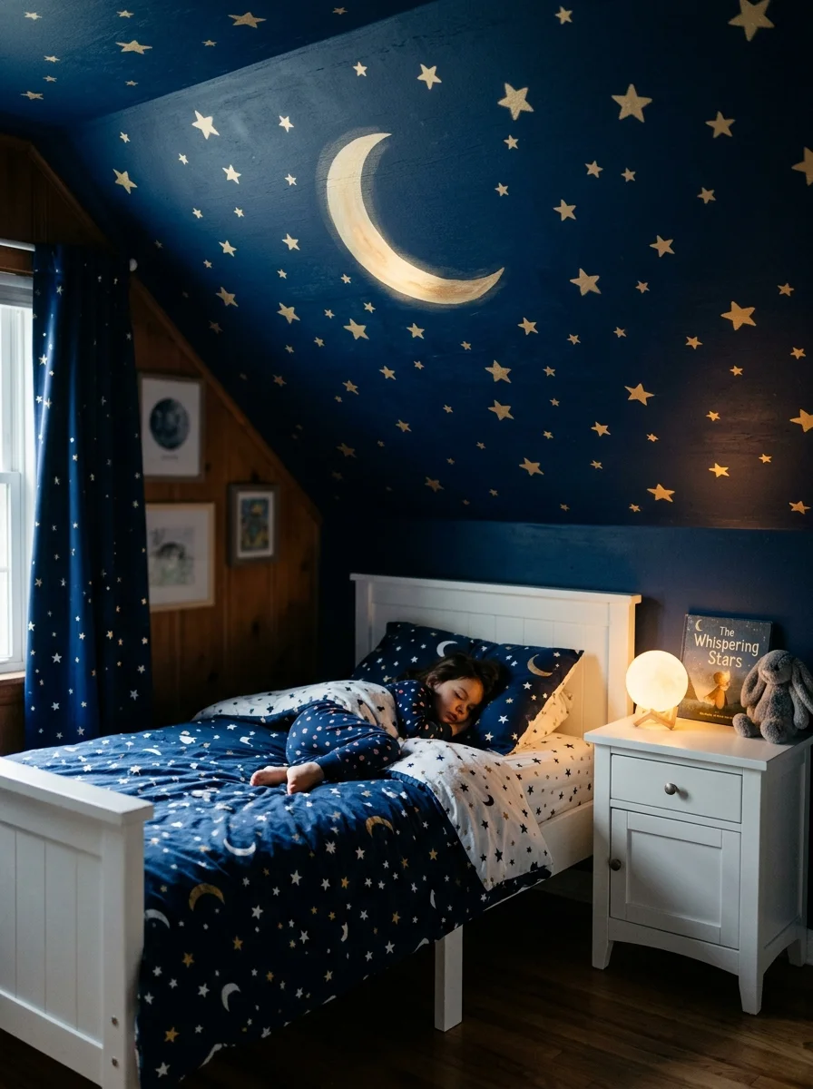 Deep navy ceiling with gold stars and moon above a star-printed kids bed in a dreamy bedroom