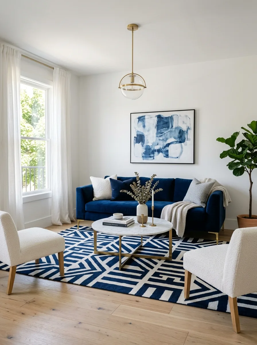 Deep navy velvet sofa styled in a blue and white living room with white walls and gold accents