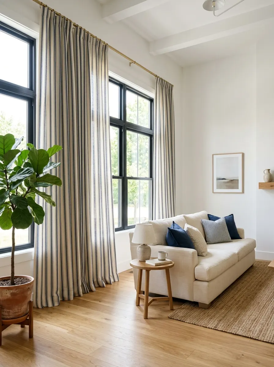 Floor to ceiling navy and white striped linen curtains in a bright blue and white living room